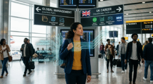 An international professional standing between two career paths, with their existing skills visually connecting to a new UK career.