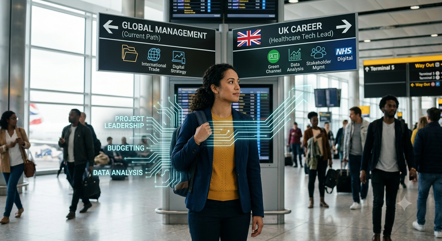 An international professional standing between two career paths, with their existing skills visually connecting to a new UK career.