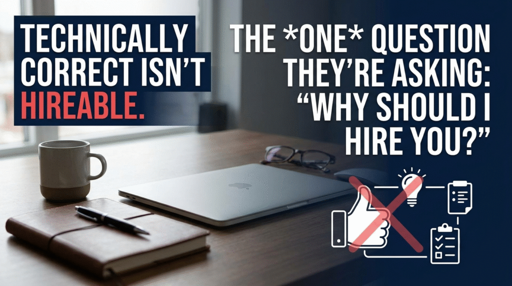 Blog thumbnail showing a clean wooden desk with a laptop, leather journal, pen, and coffee mug. Bold text overlays state, "TECHNICALLY CORRECT ISN'T HIREABLE" alongside "THE ONE QUESTION THEY'RE ASKING: 'WHY SHOULD I HIRE YOU?'" A small graphic in the corner shows a flowchart and a thumbs-up crossed out in red.