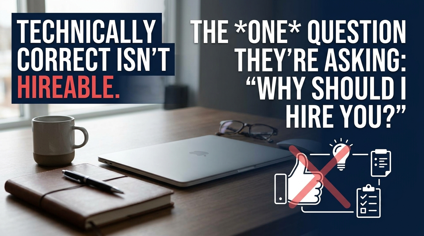 Blog thumbnail showing a clean wooden desk with a laptop, leather journal, pen, and coffee mug. Bold text overlays state, "TECHNICALLY CORRECT ISN'T HIREABLE" alongside "THE ONE QUESTION THEY'RE ASKING: 'WHY SHOULD I HIRE YOU?'" A small graphic in the corner shows a flowchart and a thumbs-up crossed out in red.