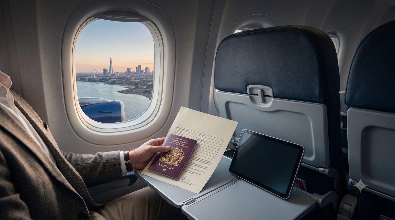A passenger holds a passport and documents at their window seat with a view of London.