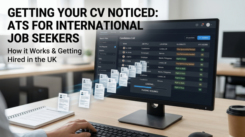 Blog thumbnail with text reading "Getting Your CV Noticed: ATS for International Job Seekers" next to a computer monitor displaying an Applicant Tracking System interface parsing digital CVs.