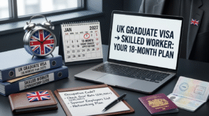 A professional desk planning scene with a laptop showing a strategic plan diagram. On the laptop screen, the text reads: 'UK GRADUATE VISA → SKILLED WORKER: YOUR 18-MONTH PLAN'. To the right, a calendar page for January 2027 has January 1st circled with a label below it: 'NEW 18-MONTH GRANT STARTS: UK GRADUATE VISA 2027'. To the left are a Union Jack-themed alarm clock and a stack of books titled 'GUIDE TO UK GRADUATE VISA' and 'GUIDE TO SKILLED WORKER SPONSORSHIP'. A detailed note in the foreground includes handwritten points: 'Occupation Code?', 'Check Going Rate (£41,700+)', 'Sponsor Employers List', and 'Networking Plan'.